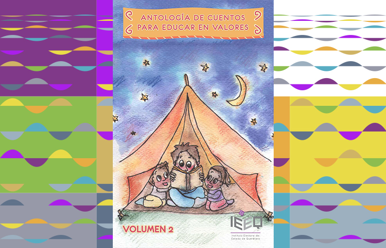 Ilustración con estrellas y la luna. Debajo una casa de campaña y dentro de ella una mamá con dos niños leyendo cuentos para educar en valores
