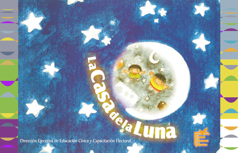 Se muestra una ilustración con fondo azul y estrellas. Sobre un círculo con forma de luna hay dos niños levantando las manos